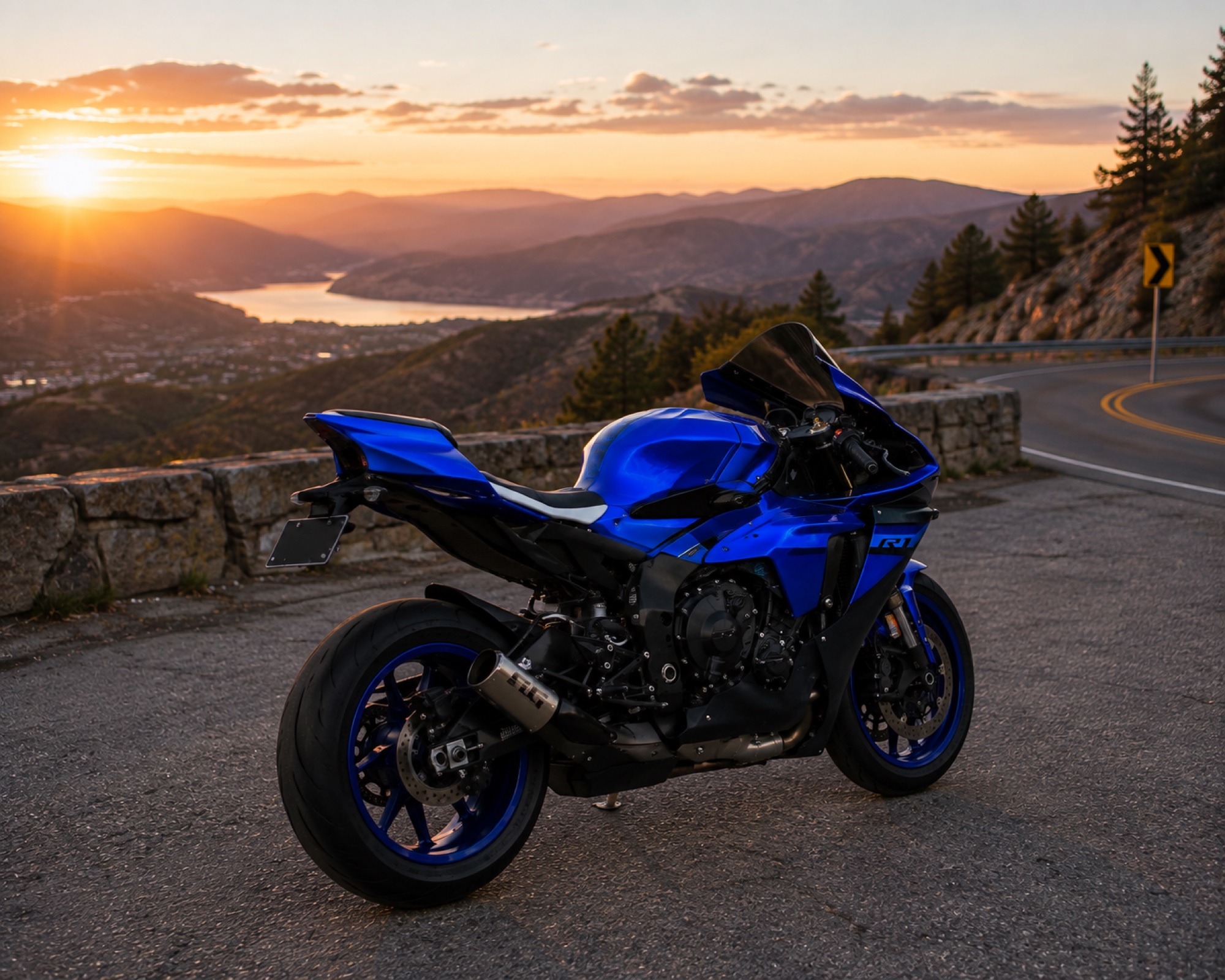 Blue Yamaha R1 fitted with NT Fairing bodywork on a mountain road